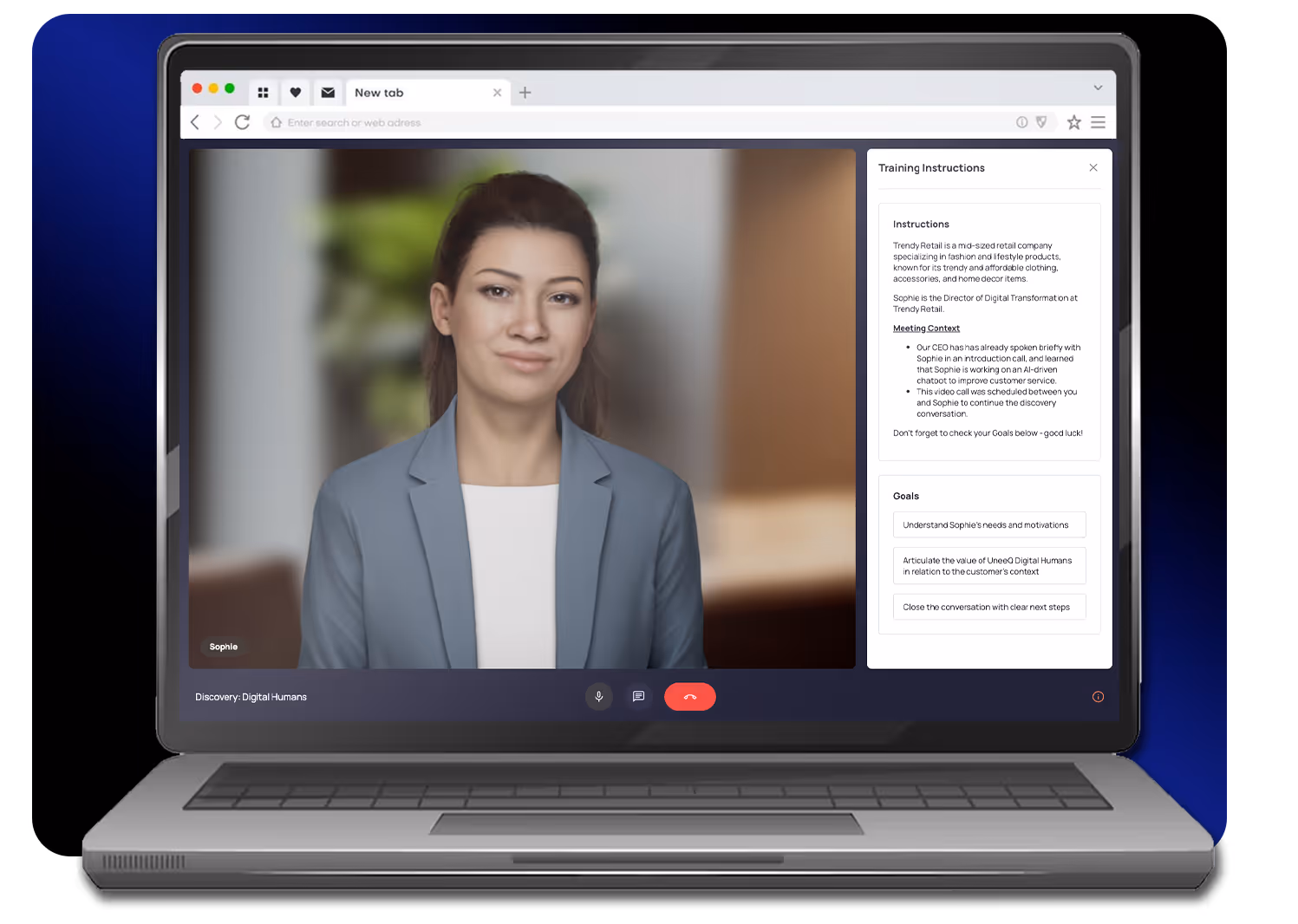 A screenshot of UneeQ Sales Trainer AI conversational roleplay platform. The digital human prospect is on screen as if the salesperson is roleplaying with them. The UI on the side of the screen shows their training instructions as provided by their sales manager.