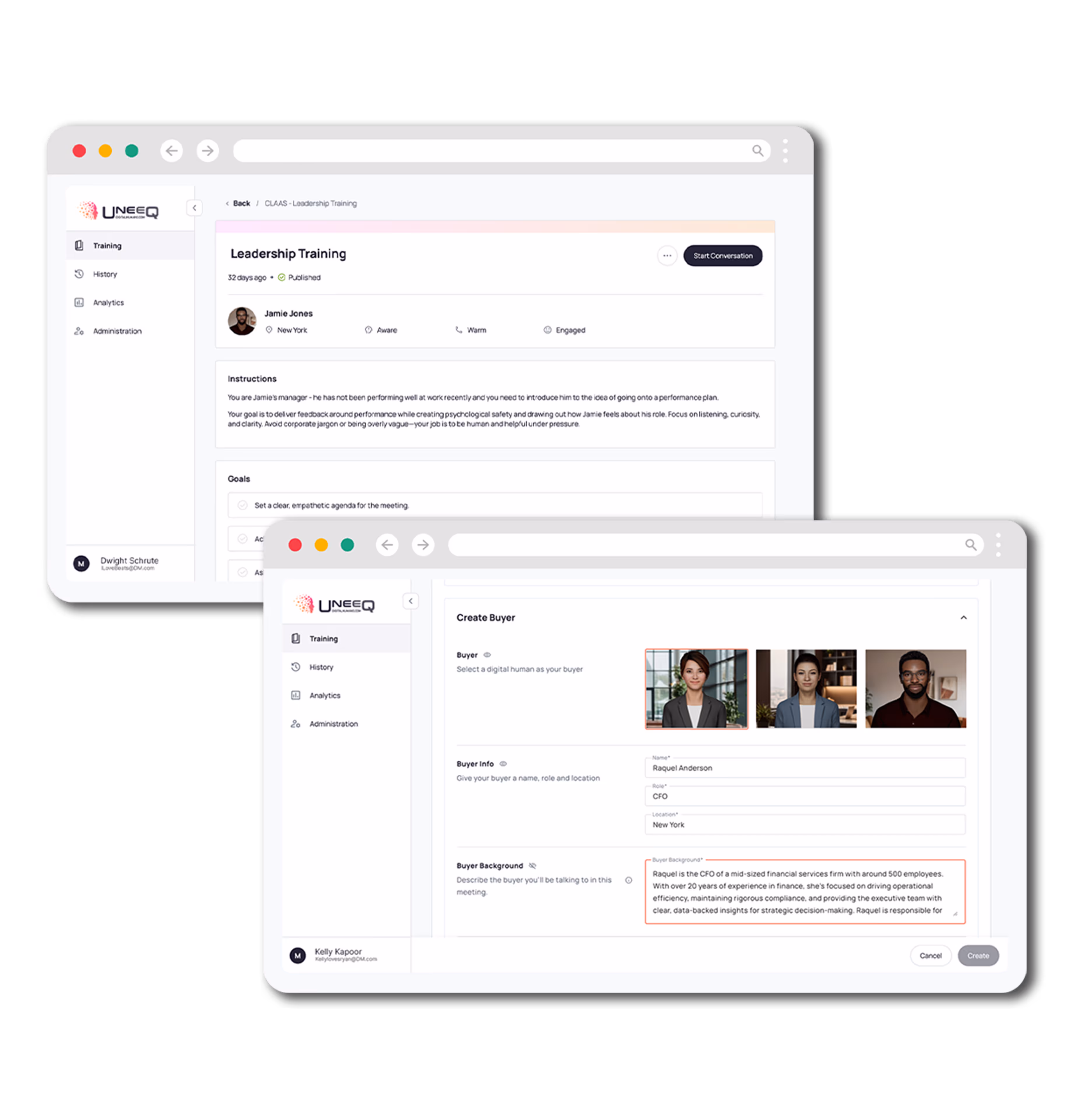 Screenshots of UneeQ's Immersive Training Platform (scenario set-up) AI digital humans and immersive learning and development (L&D)