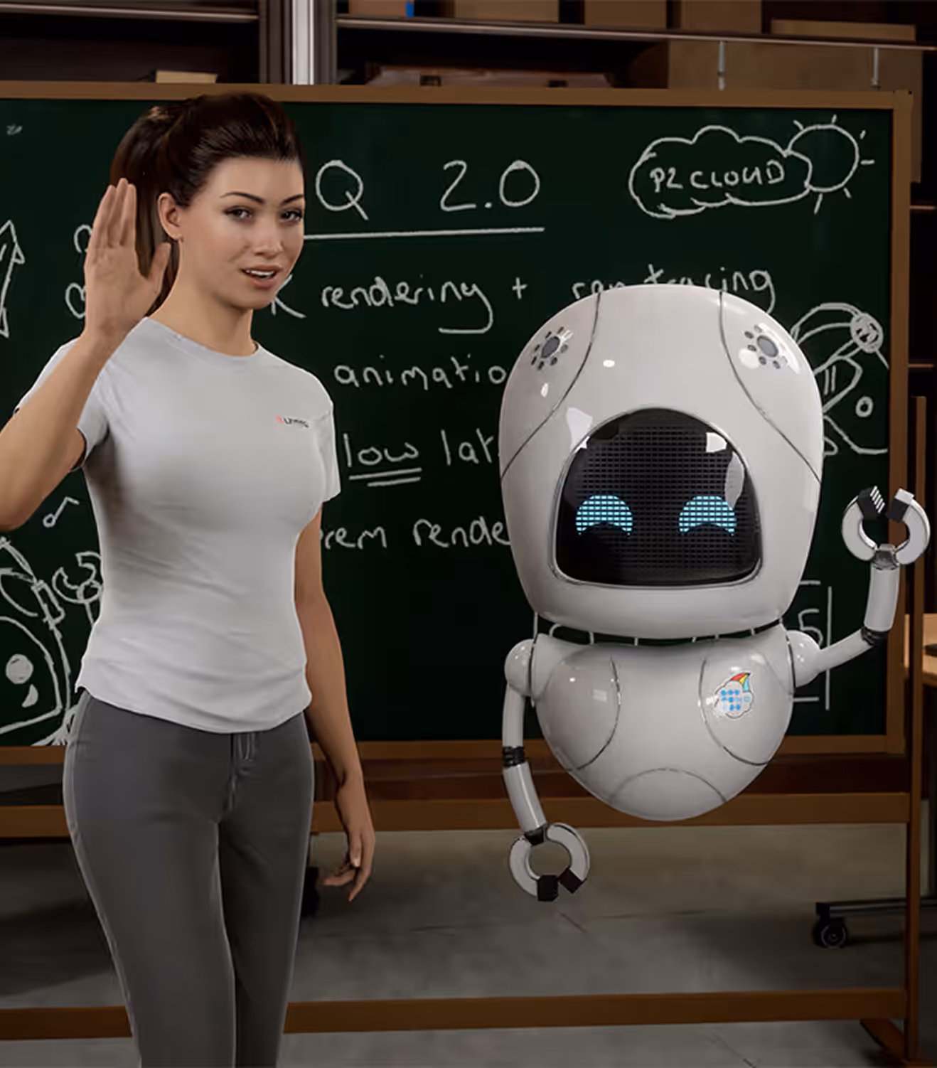 Woman waving beside a smiling white robot in front of a blackboard with technical drawings and text.