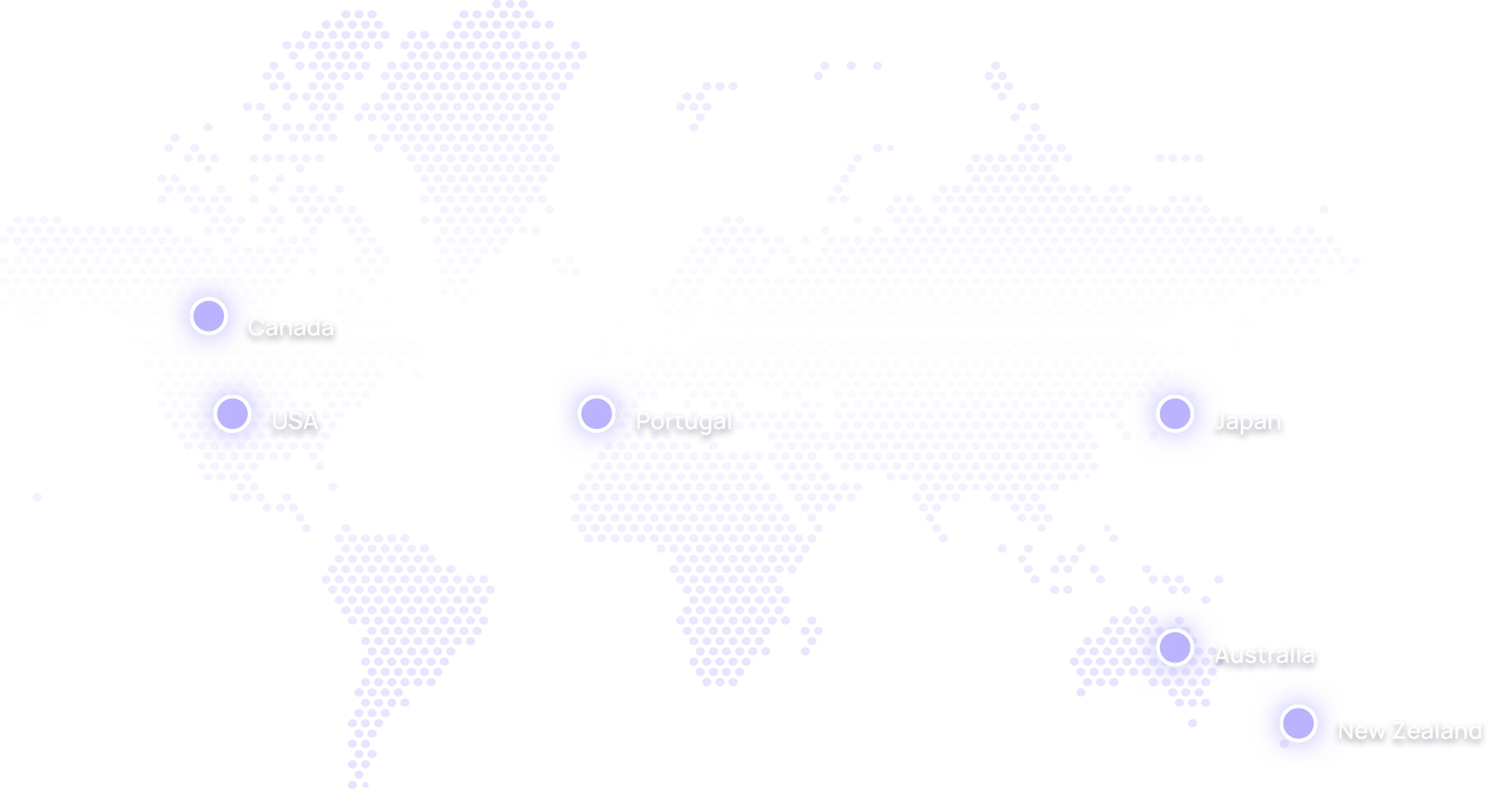 Hexagonal dot world map highlighting locations in Canada, USA, Portugal, Japan, Australia, and New Zealand.