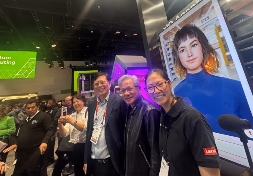 UneeQ's digital human at GTC 2026 behind NVIDIA's CEO Jensen Huang.