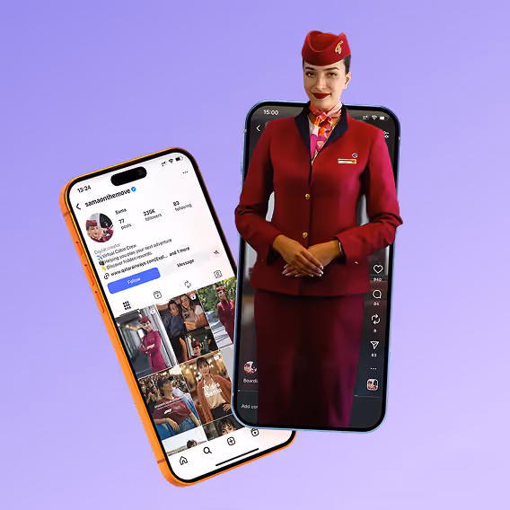 Two smartphones against a purple background; the phone on the left shows a social media profile with travel photos, the phone on the right displays a female flight attendant in a burgundy uniform smiling and posing.