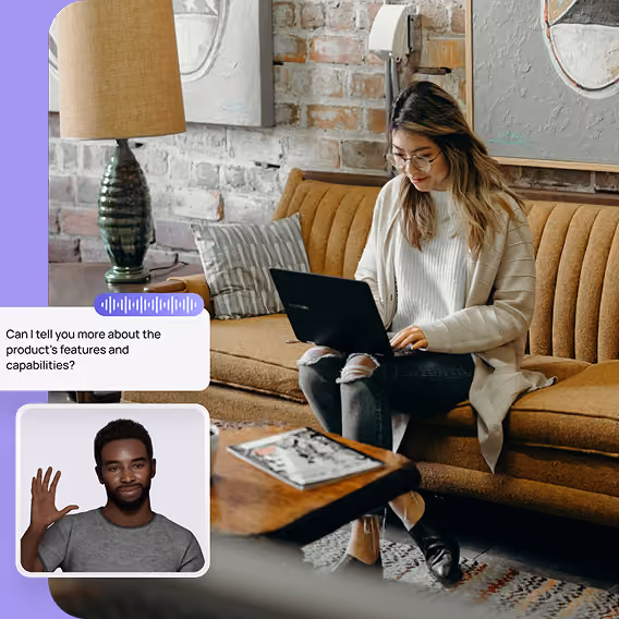 A woman wearing glasses and a white sweater sits on a brown couch using a laptop, with a wooden coffee table and lamp nearby, alongside a small inset video call window showing a man waving and a speech bubble asking about product features.