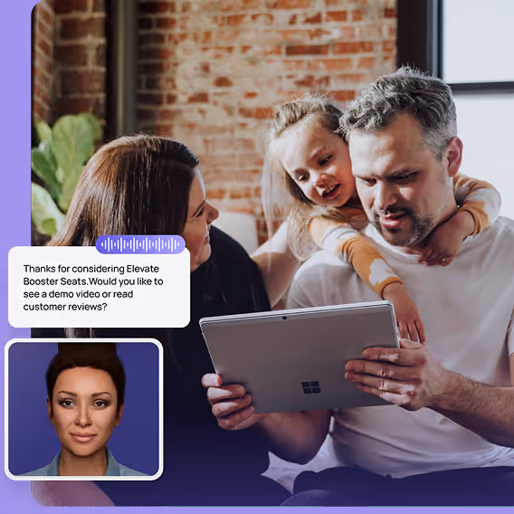 A man, woman, and child sitting together looking at a tablet device; a customer service avatar on screen offers help with Elevate Booster Seats by suggesting a demo video or reviews.