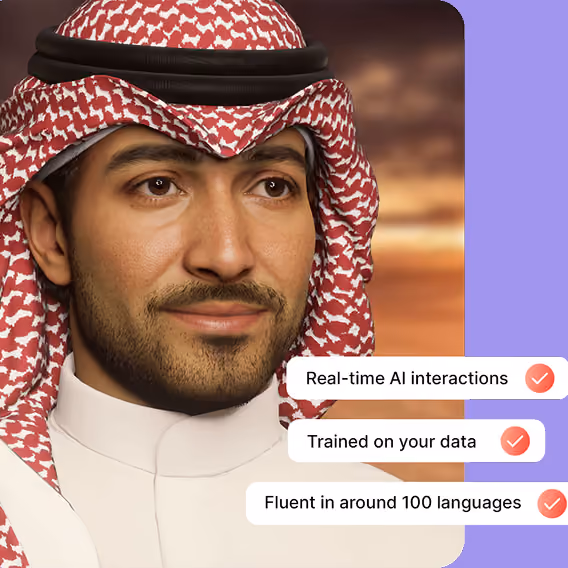 Portrait of a man wearing a red and white patterned keffiyeh and a white thobe, with text bubbles highlighting features: Real-time AI interactions, Trained on your data, and Fluent in around 100 languages.