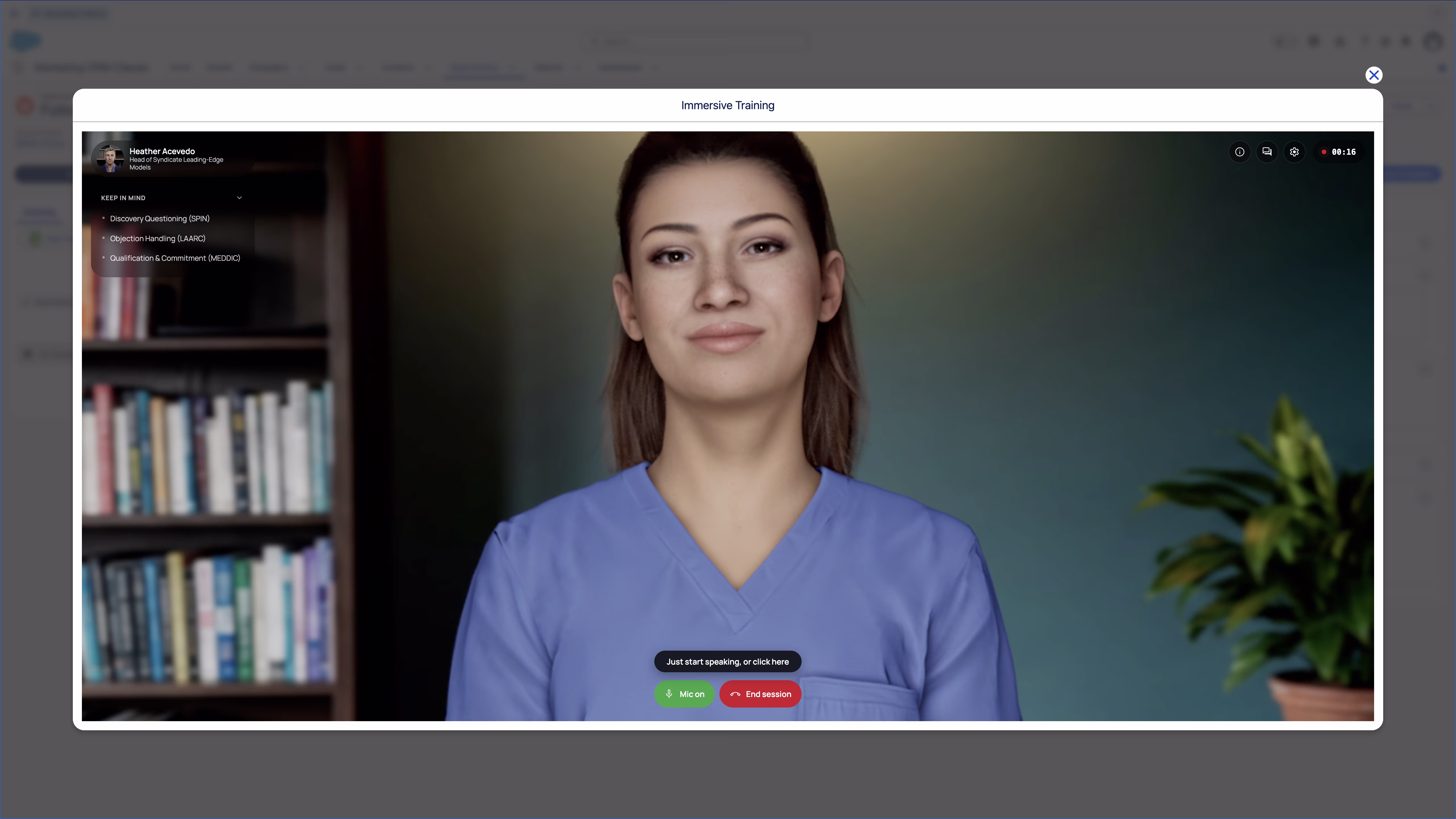 A digital training interface showing a woman in blue scrubs against a blurred background with bookshelves and a plant, labeled 'Immersive Training' with session controls below her image.