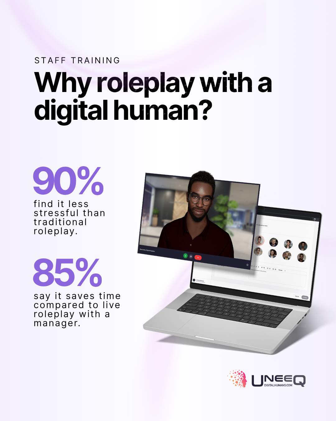 Why roleplay with a digital human AI in staff training? The image points out two benefits from UneeQ's Immersive Training Platform. The first how 90% of learners say the platform is less stressful than roleplay with a real person. The second is how 85% of managers say the platform saves them significant time.