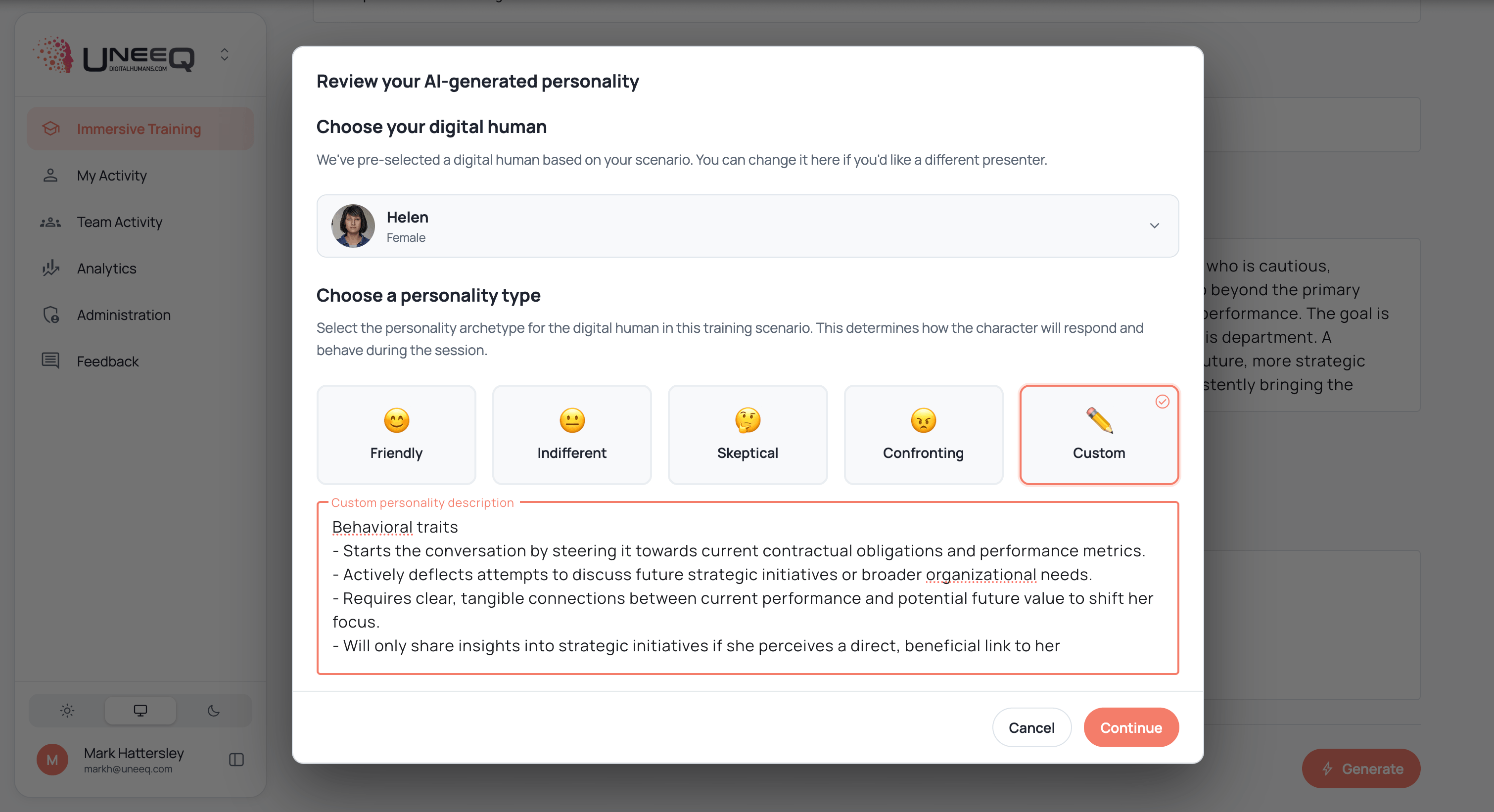 Creating a roleplay personality type in UneeQ's Immersive Training Platform for AI roleplay