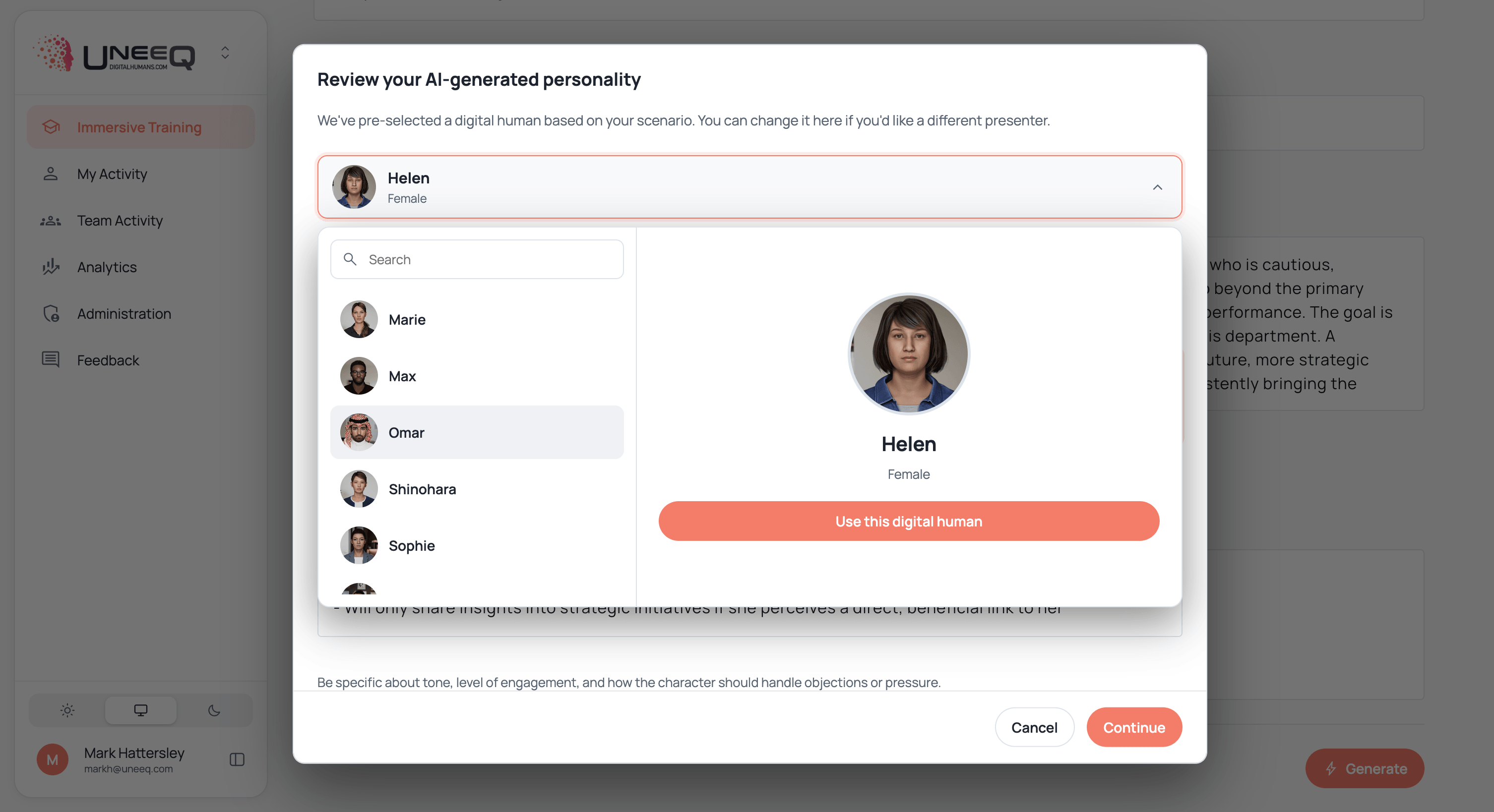 Creating a roleplay persona in UneeQ's Immersive Training Platform for AI roleplay