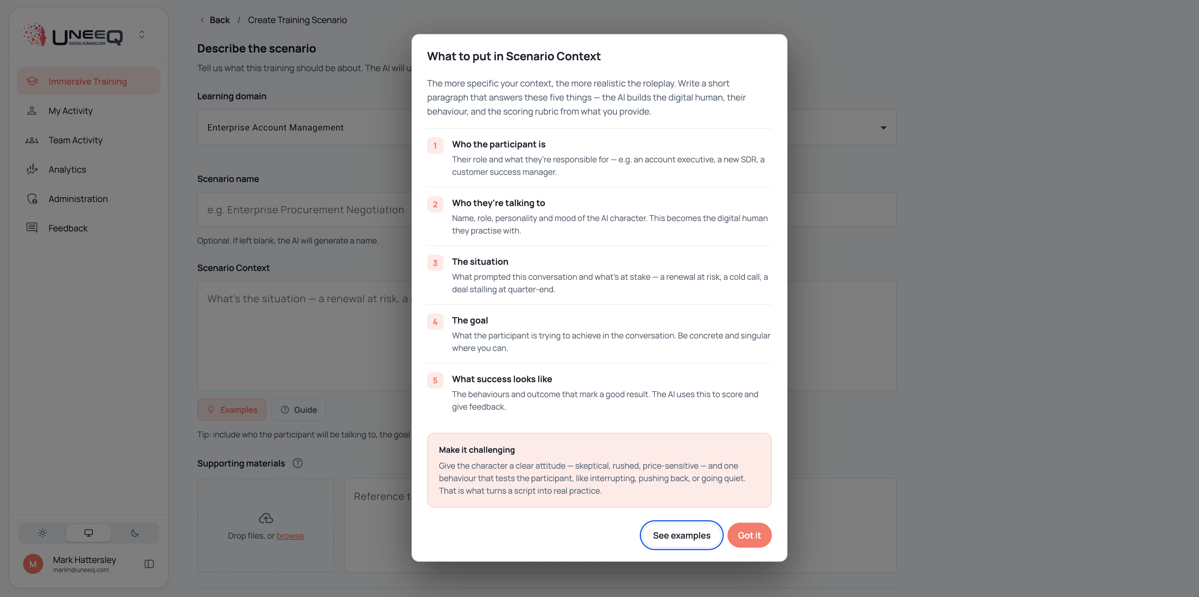 Creating an AI roleplay scenario in UneeQ's Immersive Training Platform