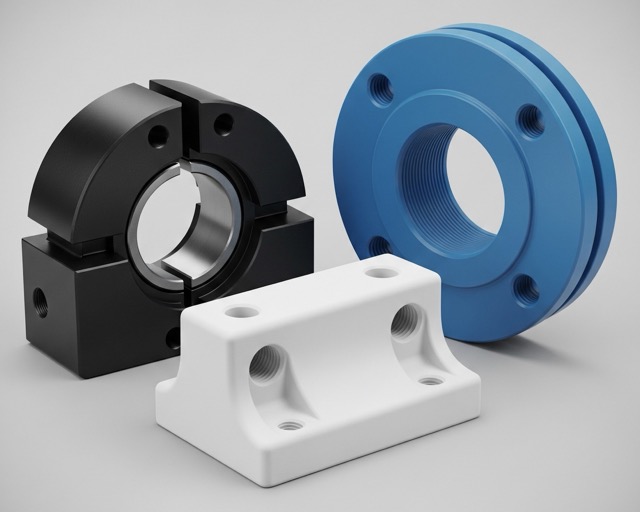 Three different variants of pillow blocks and bearings in different colors