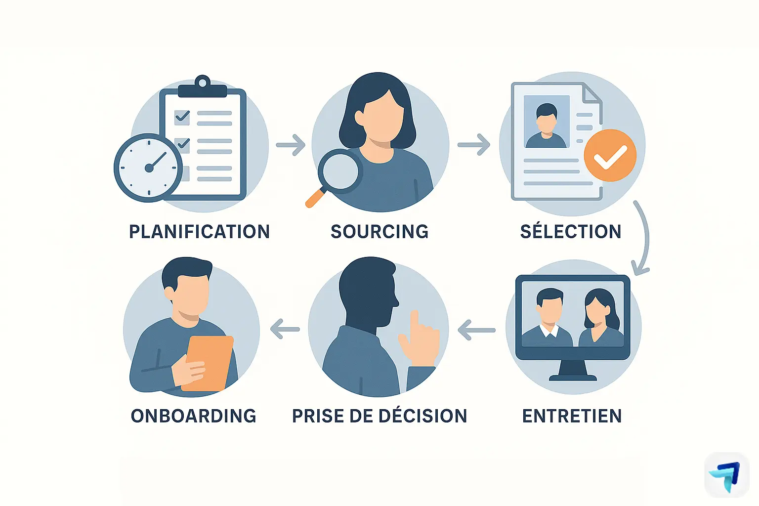 Cycle de recrutement en 6 étapes : planification, sourcing, sélection, entretien, décision, onboarding