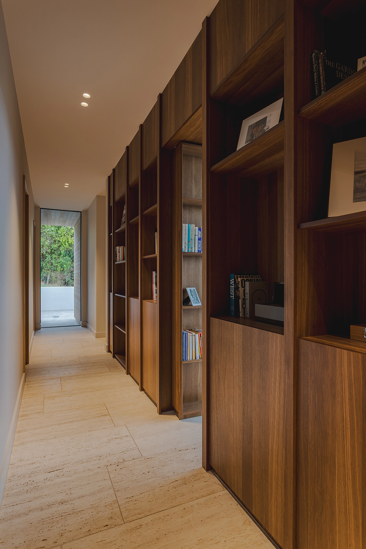Smoked oak veneer full height shelving unit