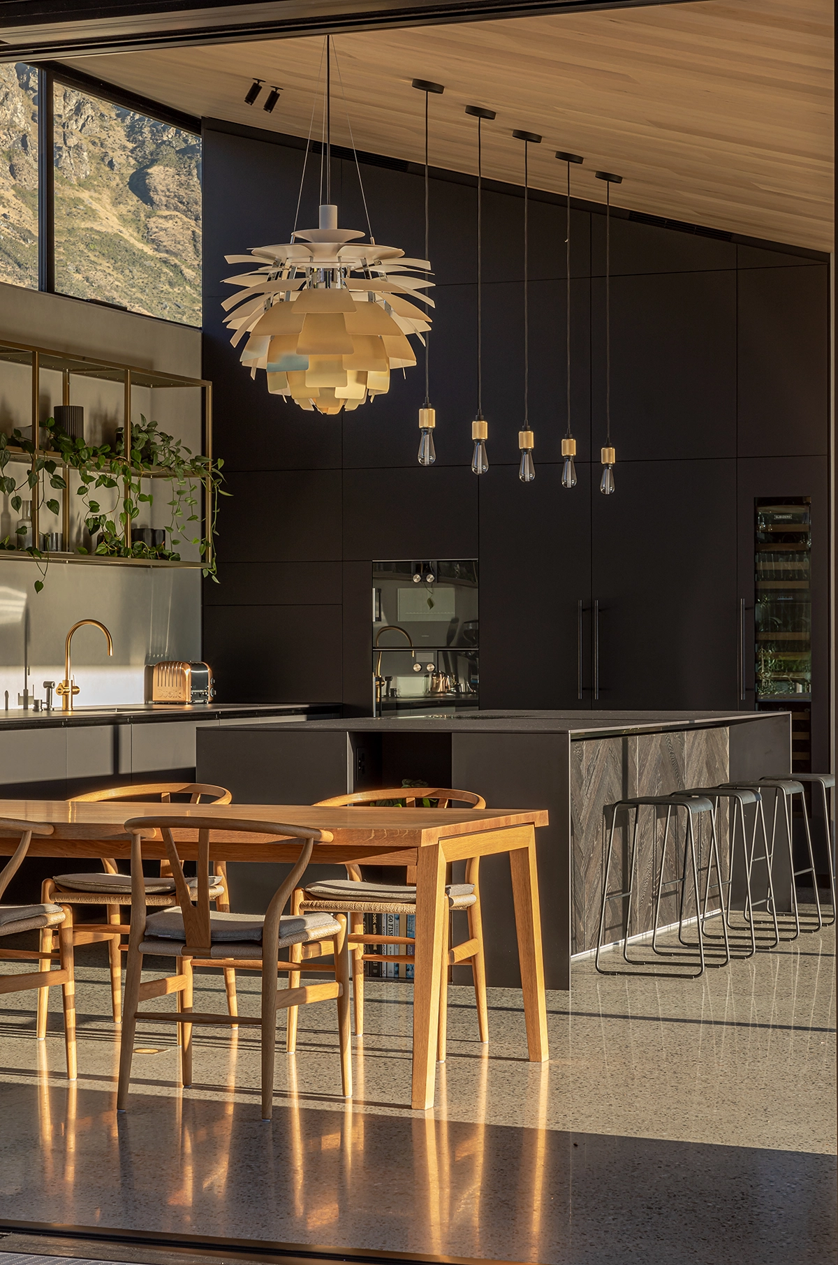 Kitchen island with black oak herringbone timber finish