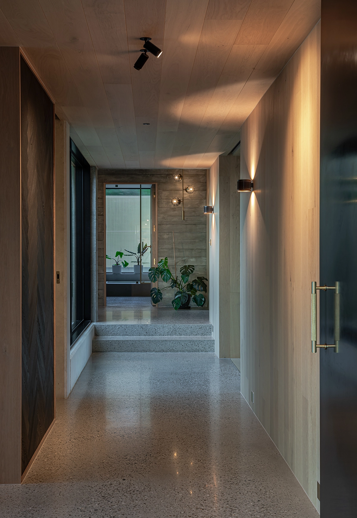 Hallway Walls and Ceiling lined with warm blonde timber planks