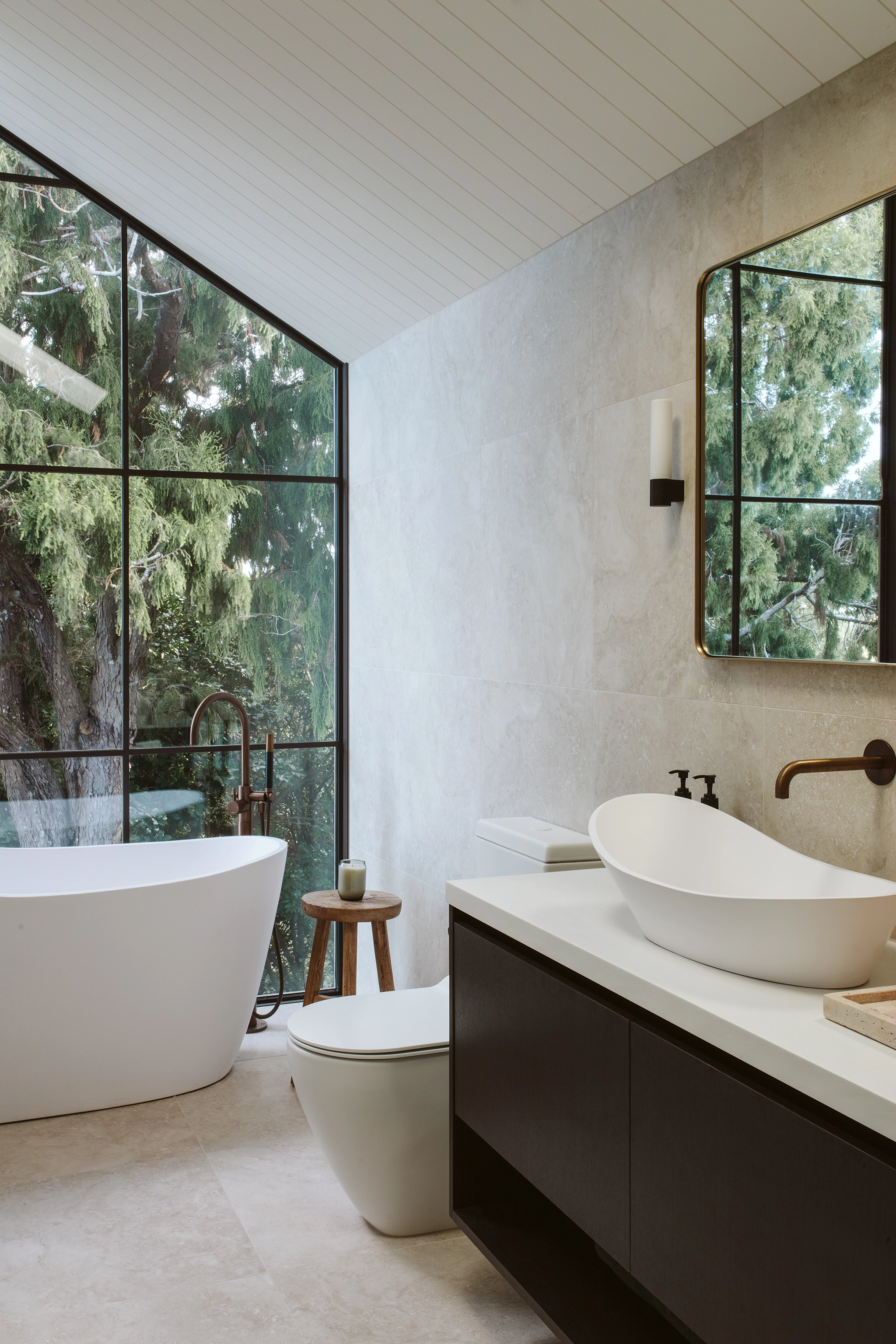 Minimalist bathroom design featuring walnut veneer joinery