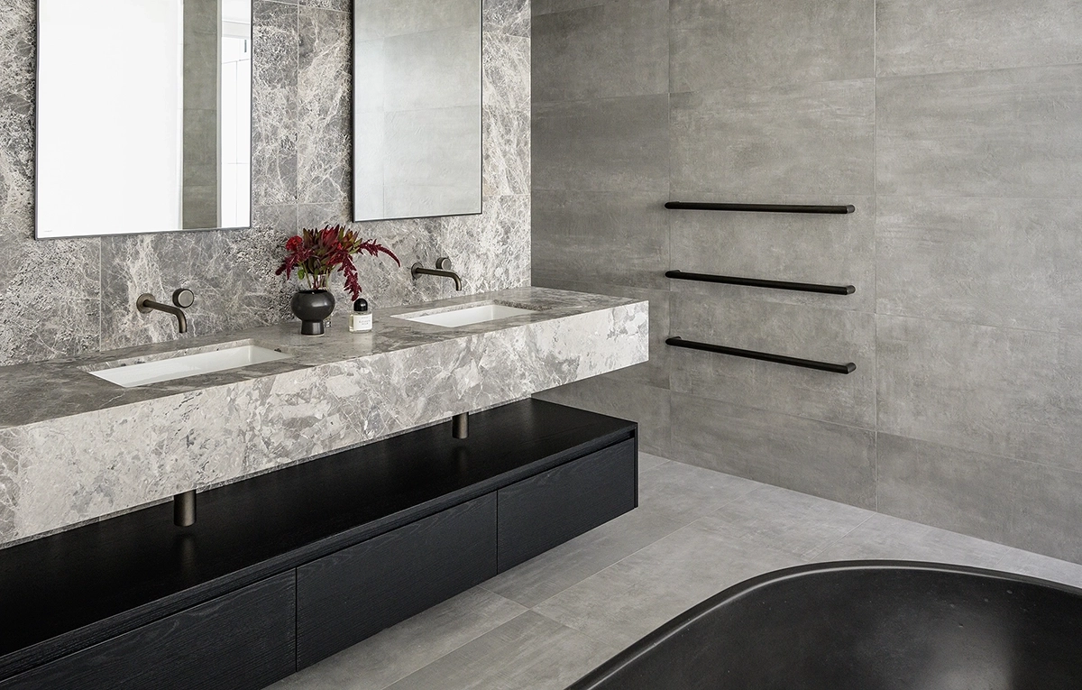 Real Timber Veneer Vanity in modern bathroom