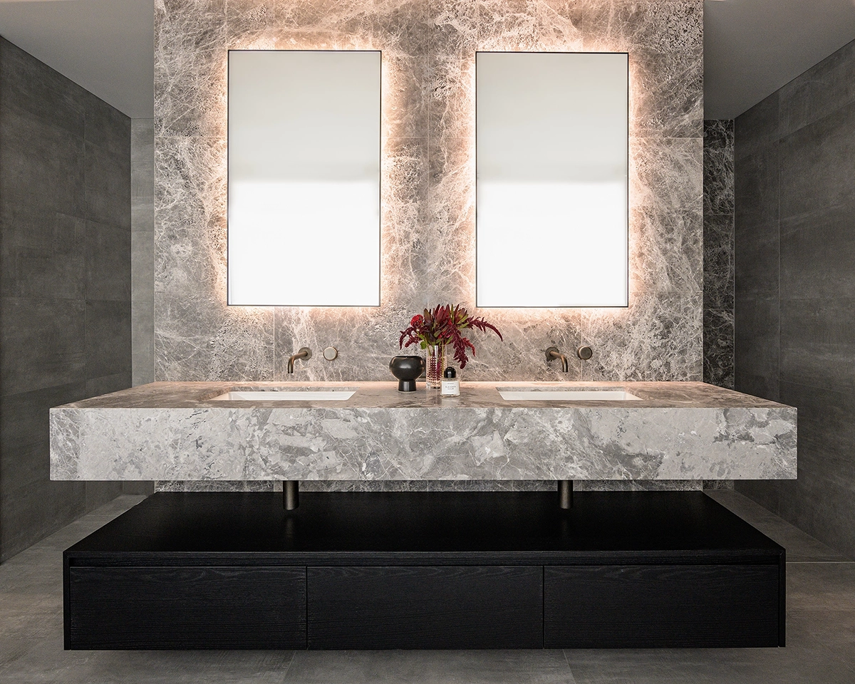 Custom made bathroom vanity with black timber