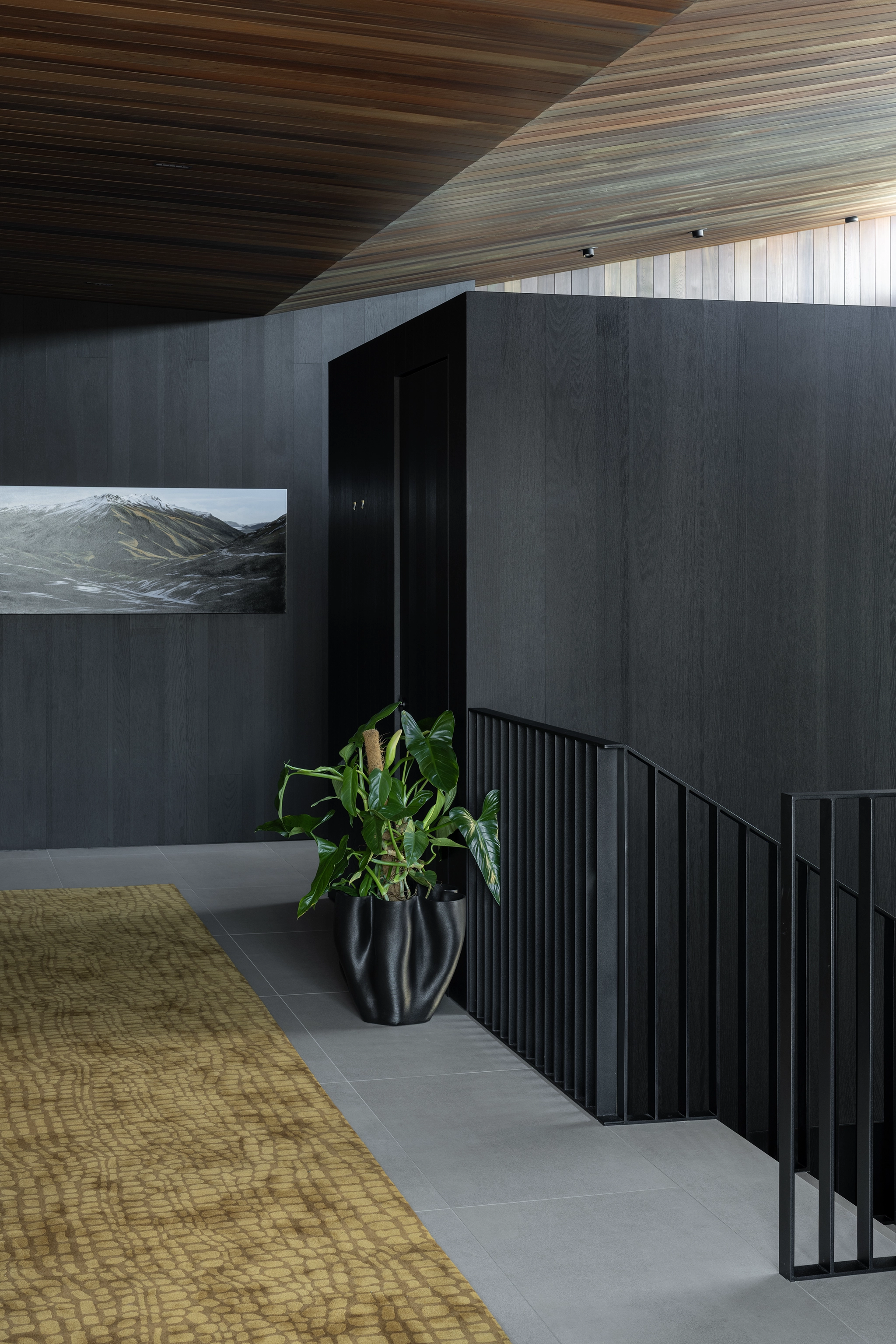 Modern living space featuring Raven Oak timber wall panels