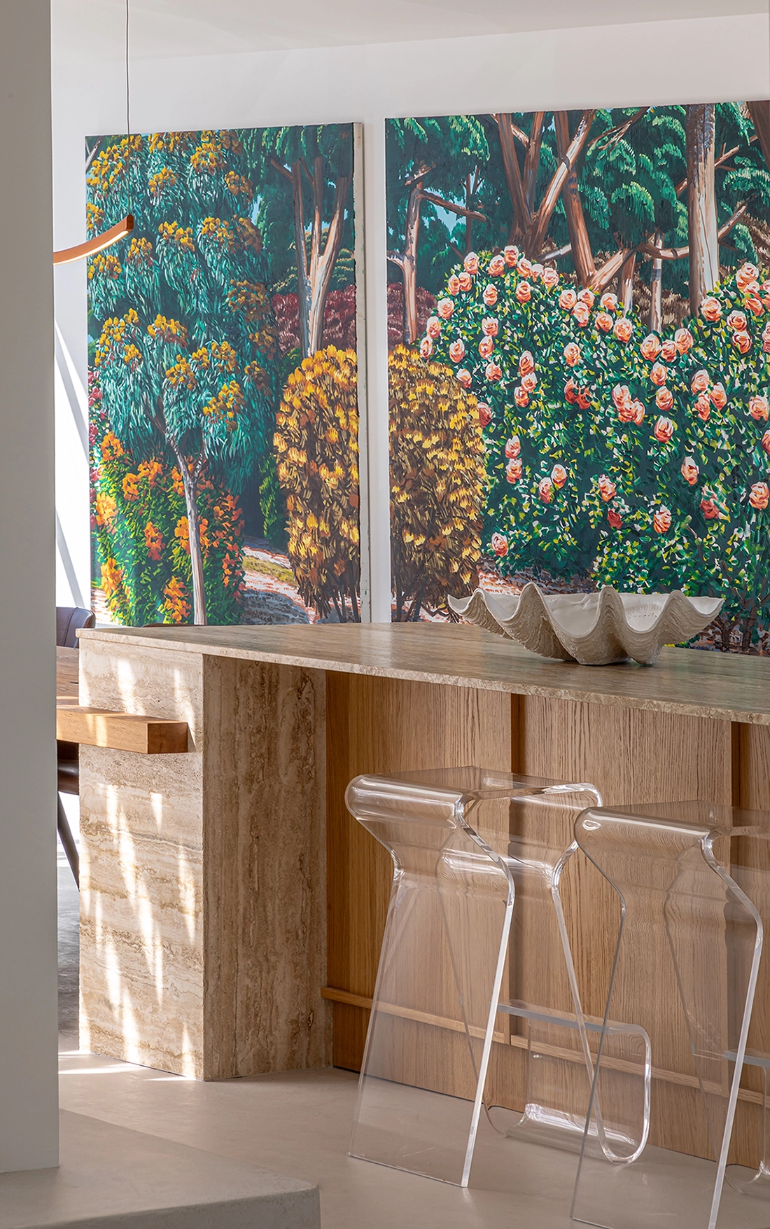 Modern kitchen with travertine and timber textures