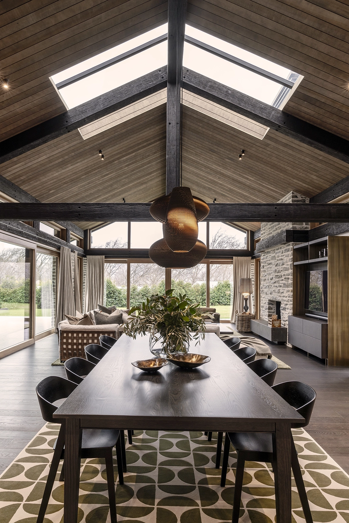 Alpine lodge interior with natural textures and timber flooring