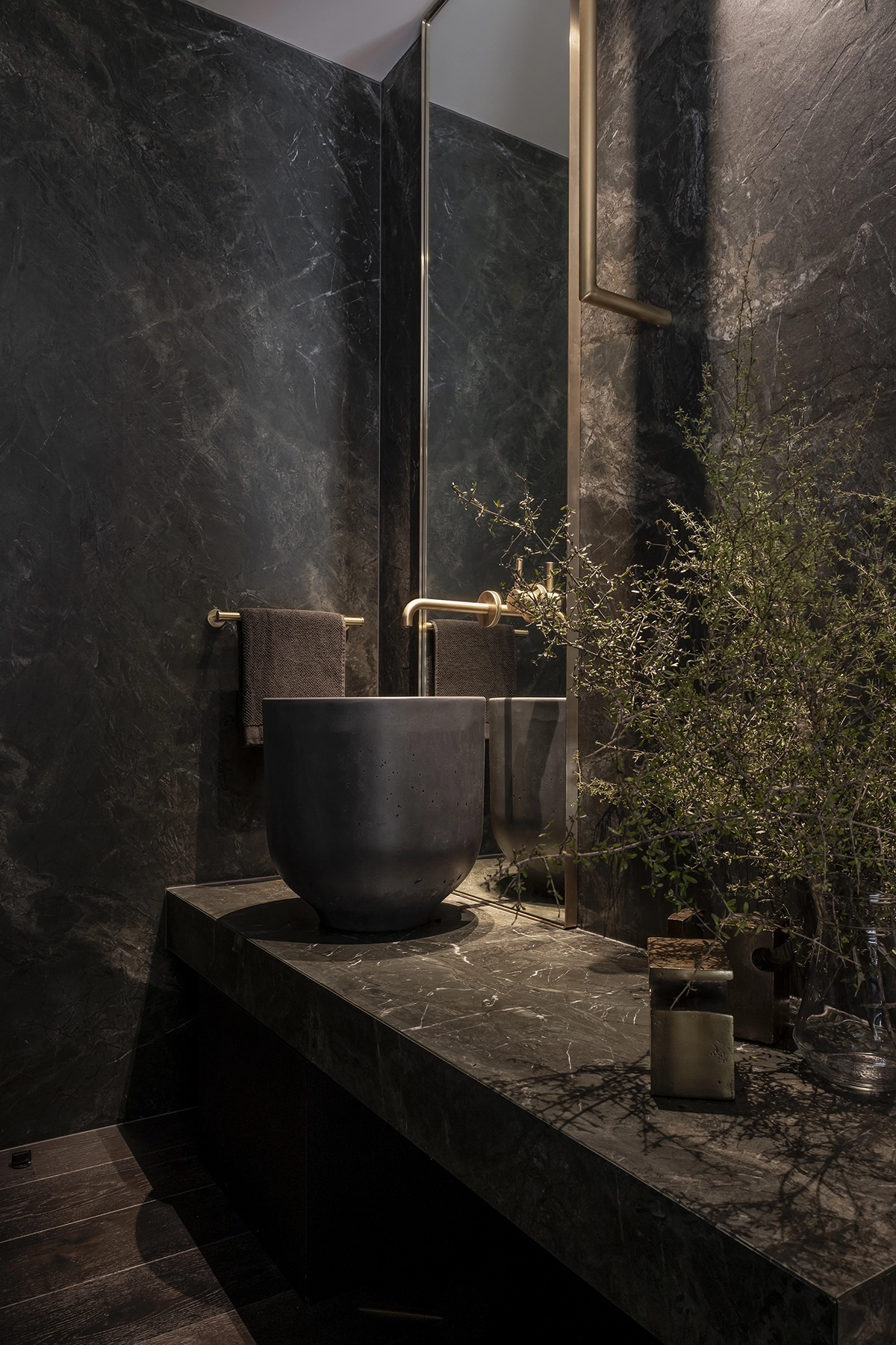Bathroom retreat with calming tones and timber flooring accents