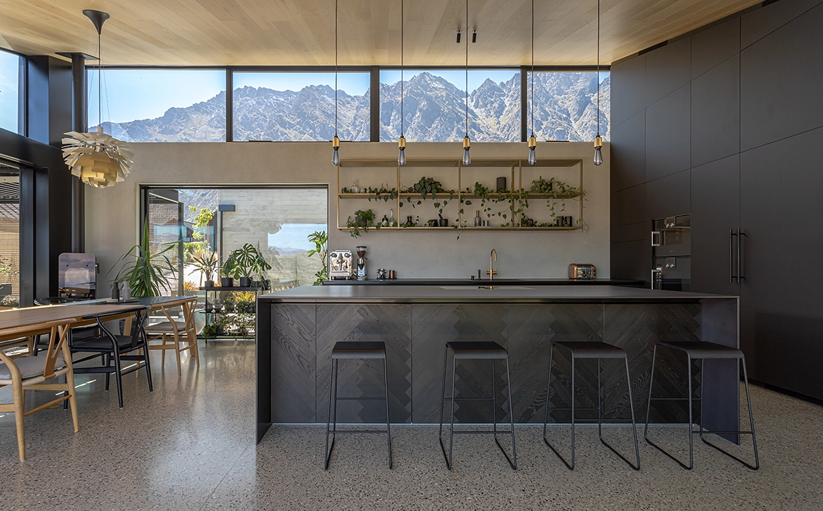 black timber herringbone feature on kitchen island