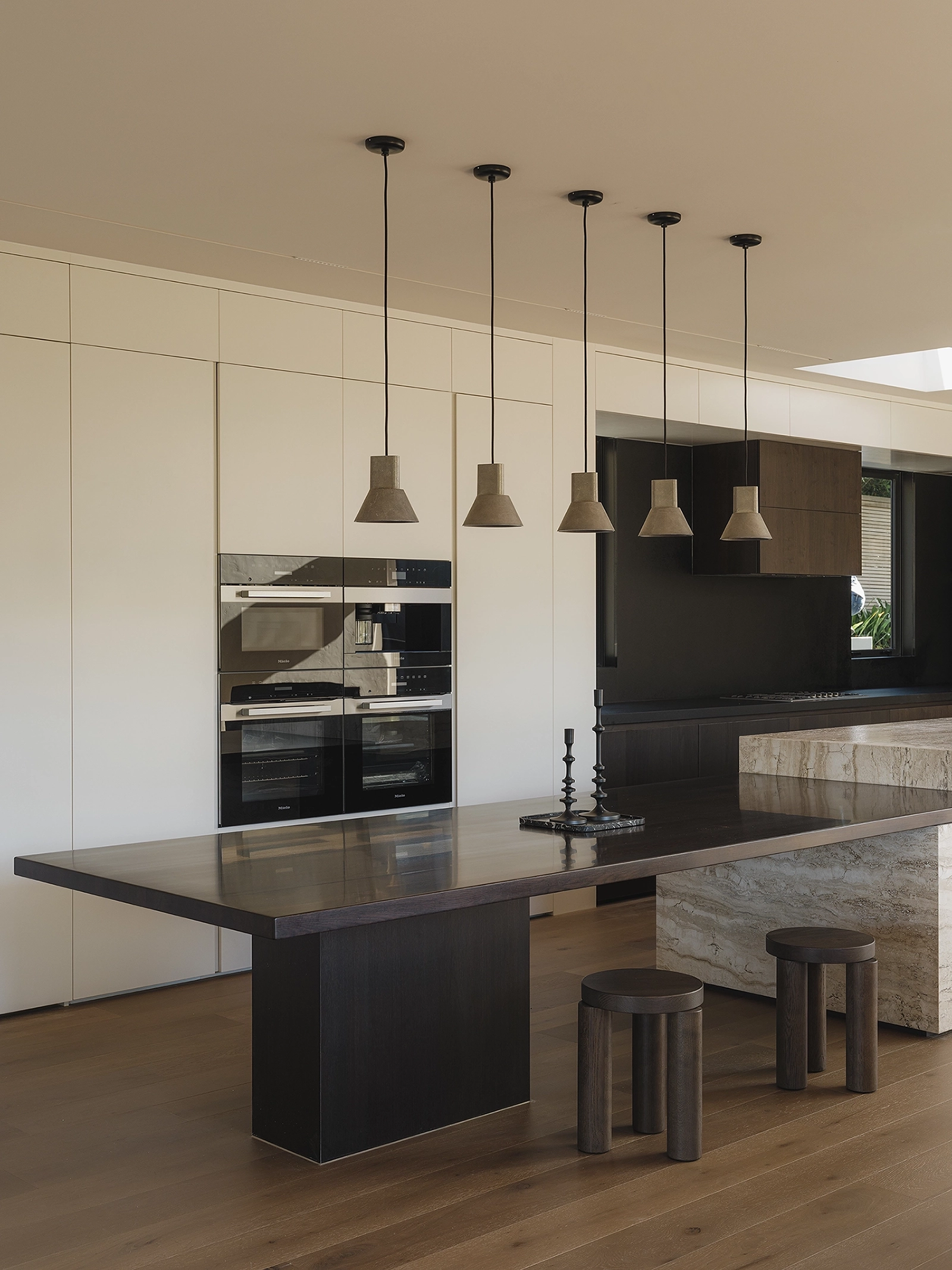 Smoked timber flooring NZ and Stardust Walnut veneer cabinetry in a new-build Auckland family kitchen