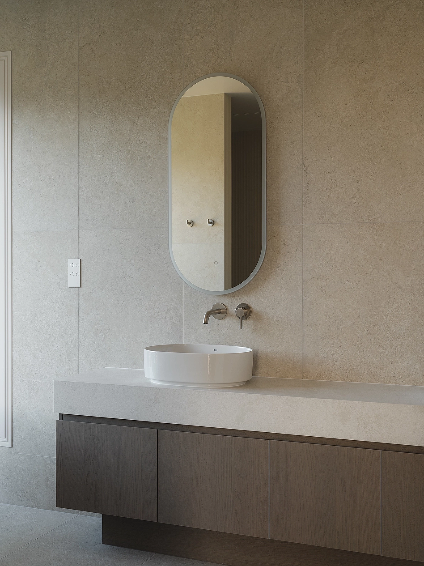 Manhattan Oak Shinnoki timber veneer NZ adding warmth to a bathroom in Codrington Residence, Auckland