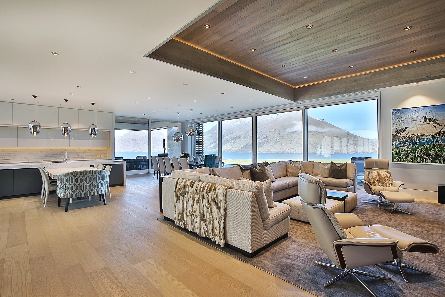 Rafe Maclean-designed Te Toka with bespoke custom timber interior finishes, Jacks Point Queenstown