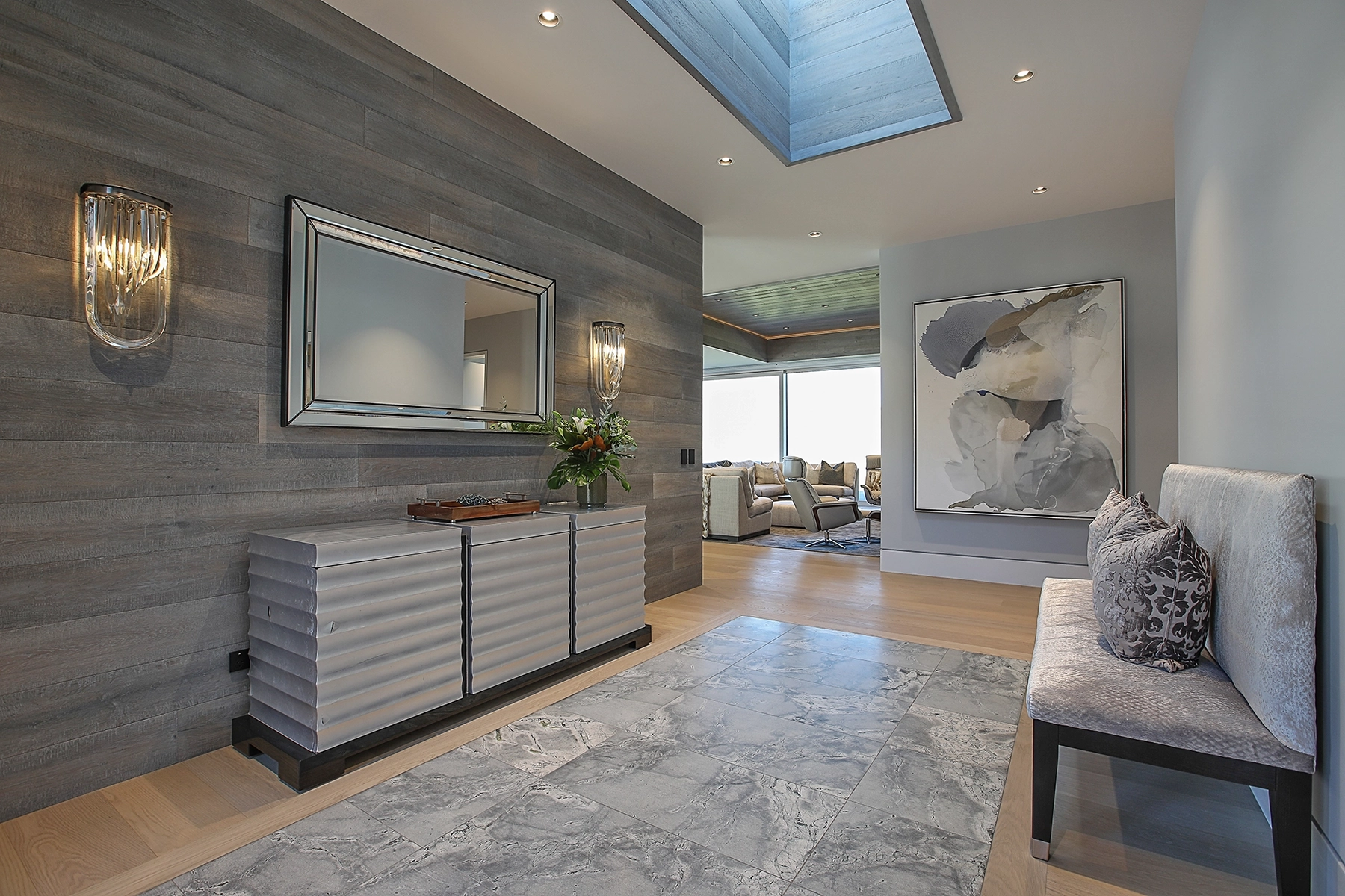 Custom timber interior finishes with natural grain in the dining area of Te Toka, Jacks Point