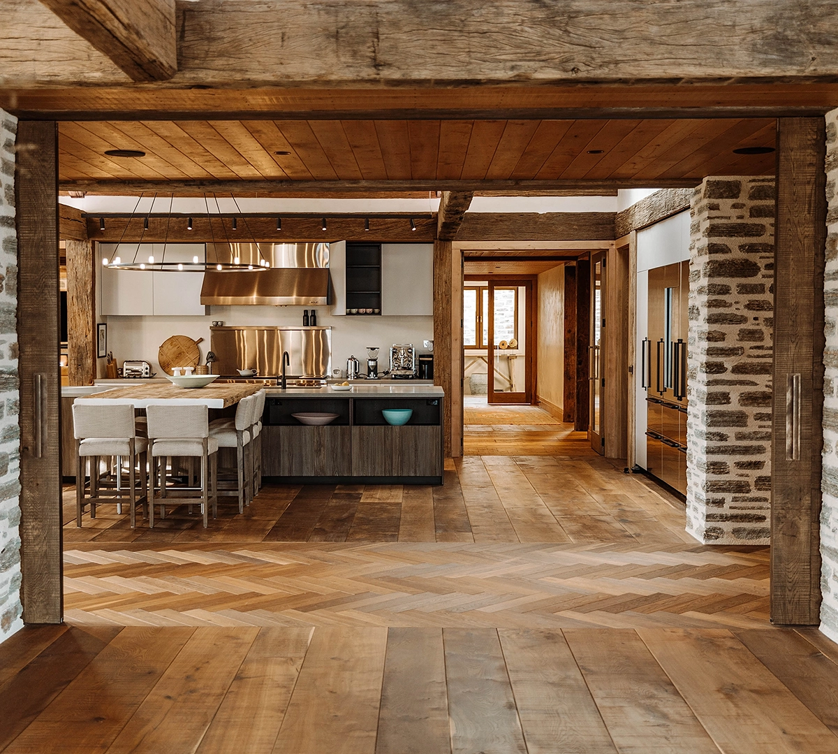 Natural wide plank timber flooring with deep grain in a rustic Queenstown home, Manukard-Gard