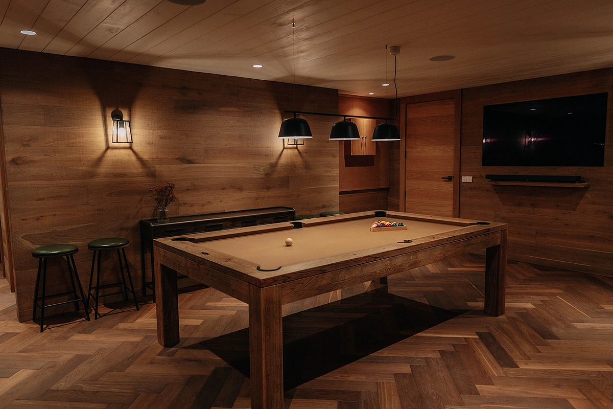 Herringbone timber flooring in luxury sauna room