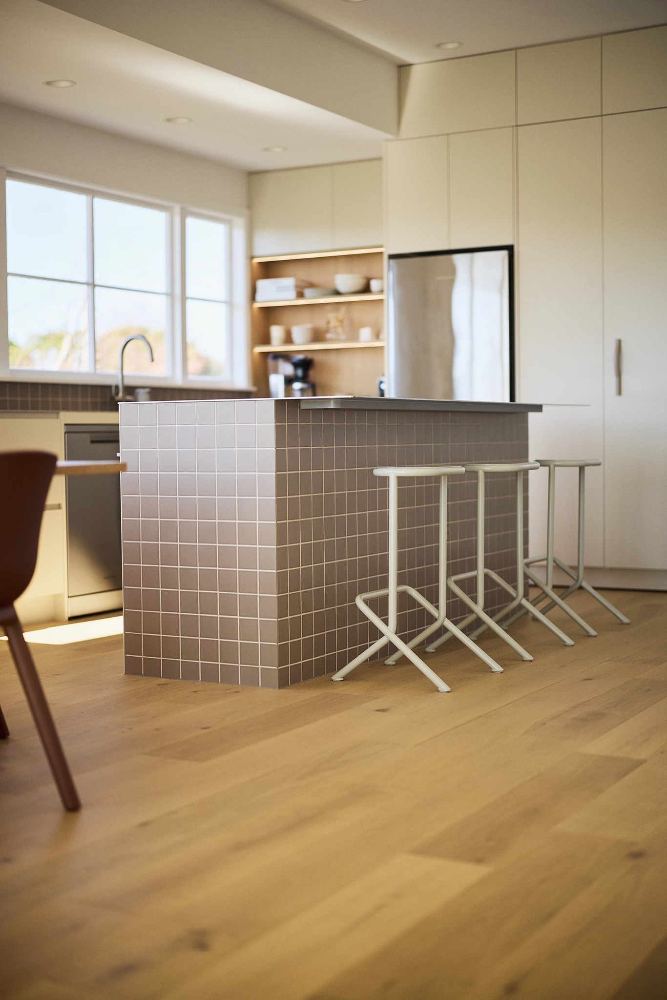 Warm oak TRUNK Kova timber flooring NZ paired with terracotta, mushroom and moss palette, Rawhiti Residence NZ