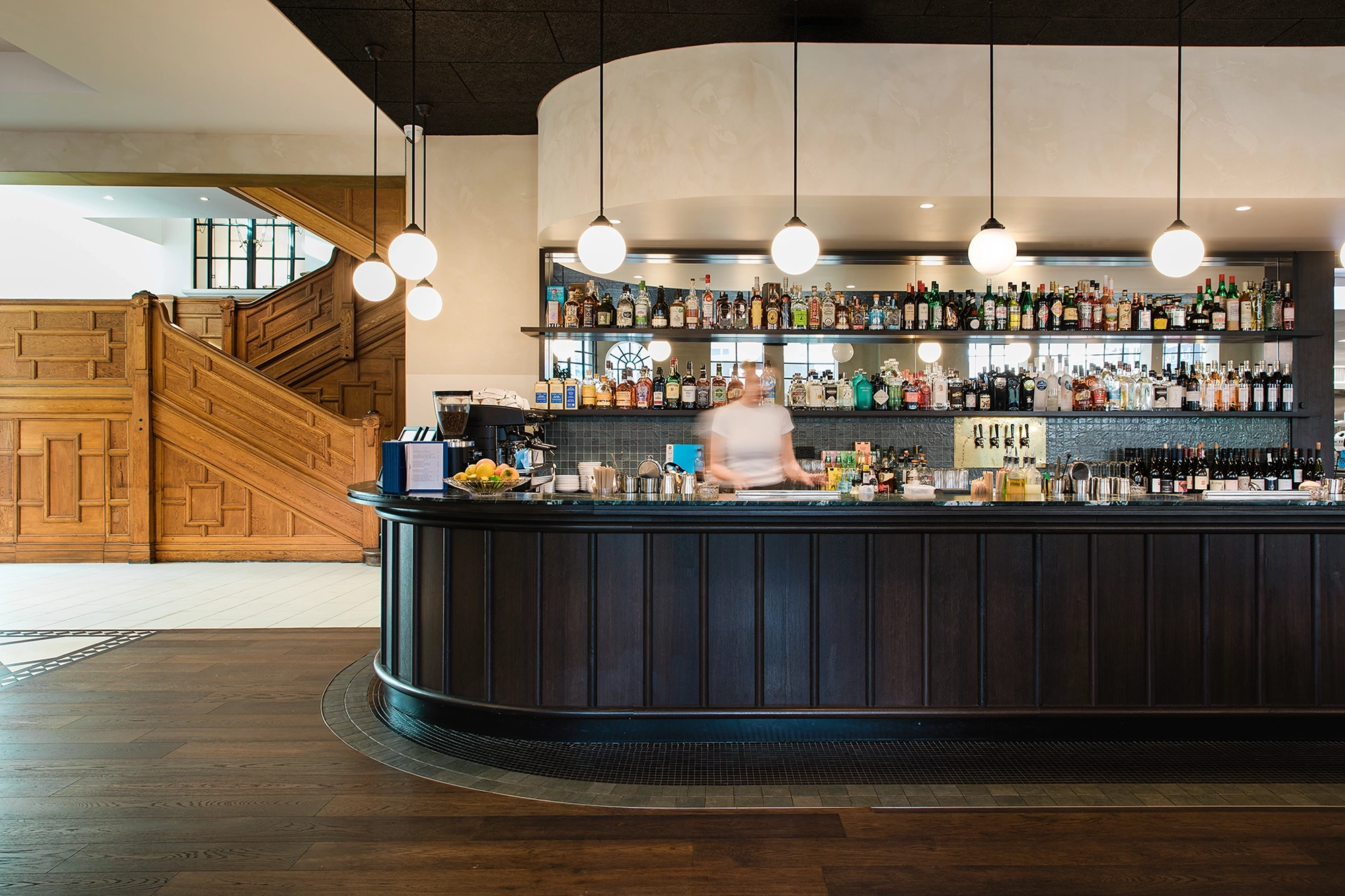 Consistent smoked timber flooring NZ across bar and bistro in Hamilton Hotel, a 160-year-old Hamilton landmark