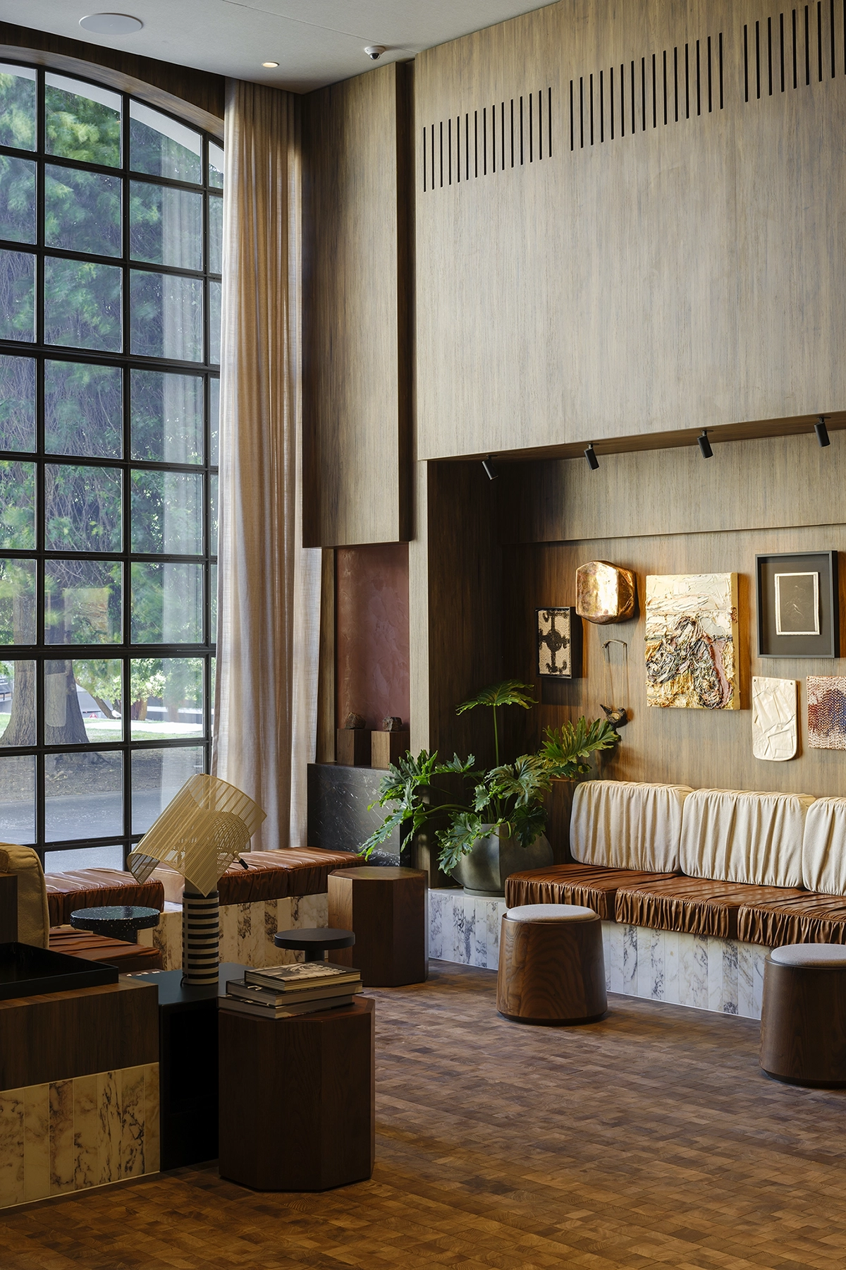 Hotel lobby featuring engineered end grain timber flooring