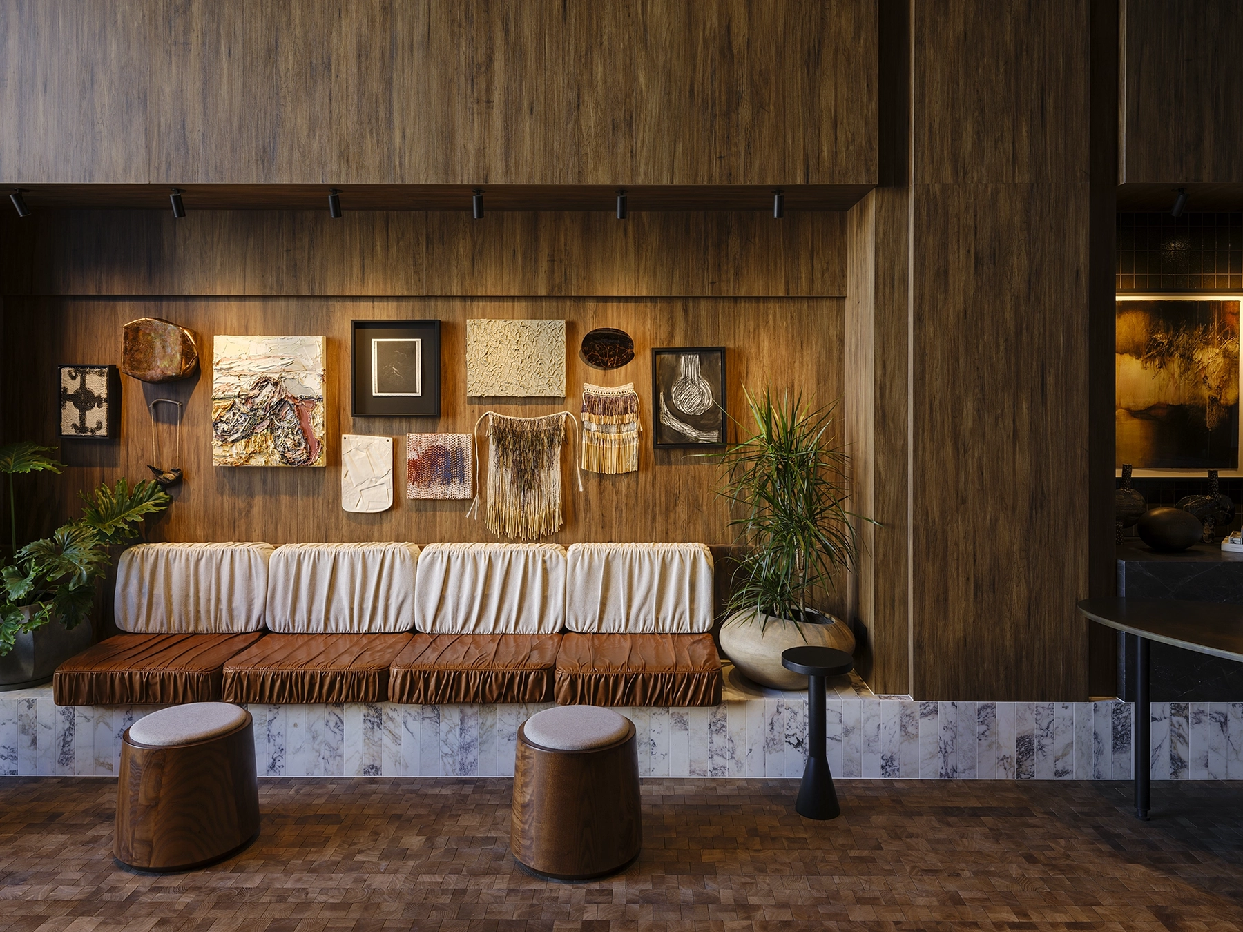 End grain timber flooring in Hotel Indigo Auckland lobby