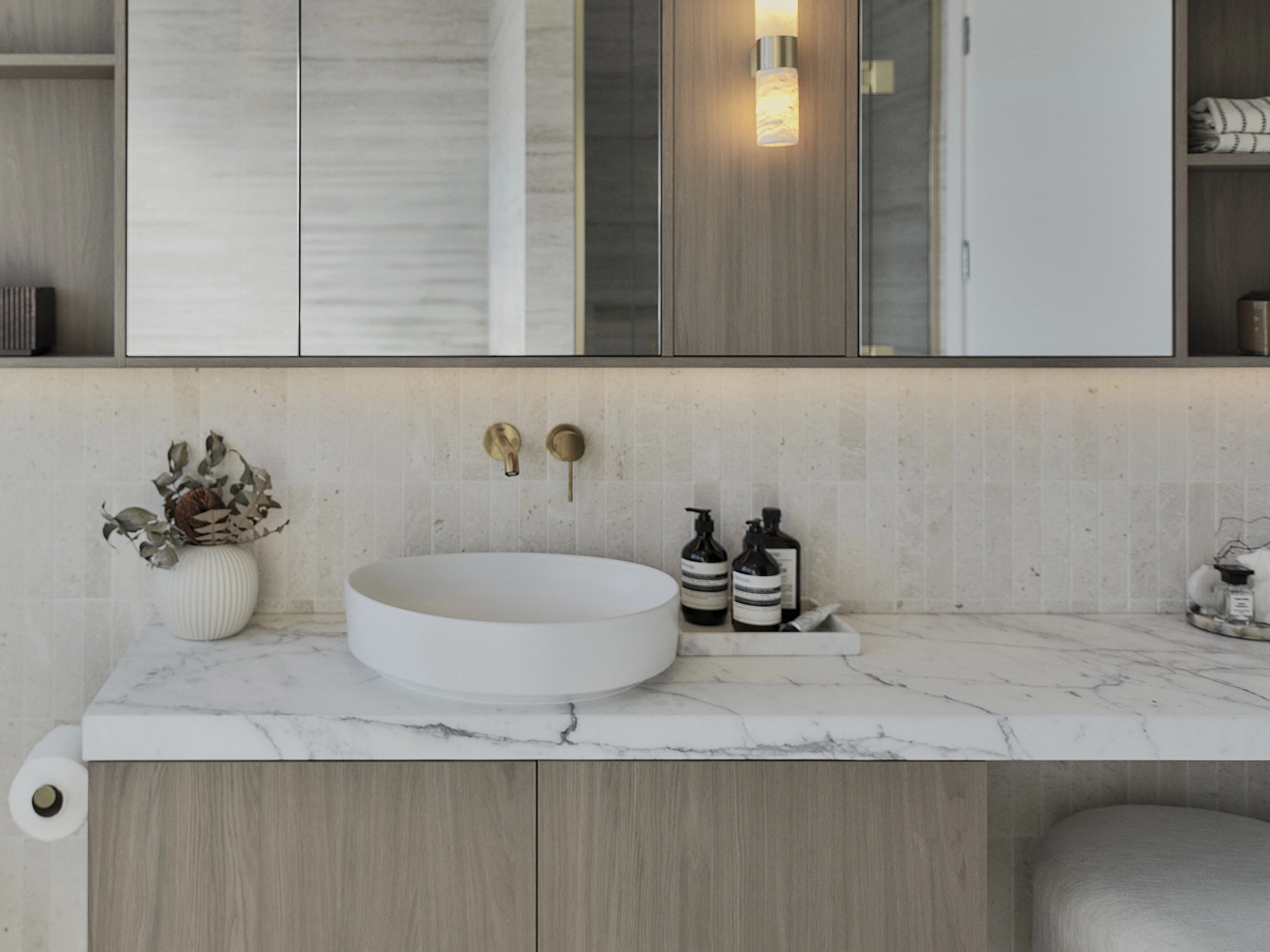 ALT MasterOak Double Fumed melamine panel vanity joinery in a Grey Lynn bathroom, NZ