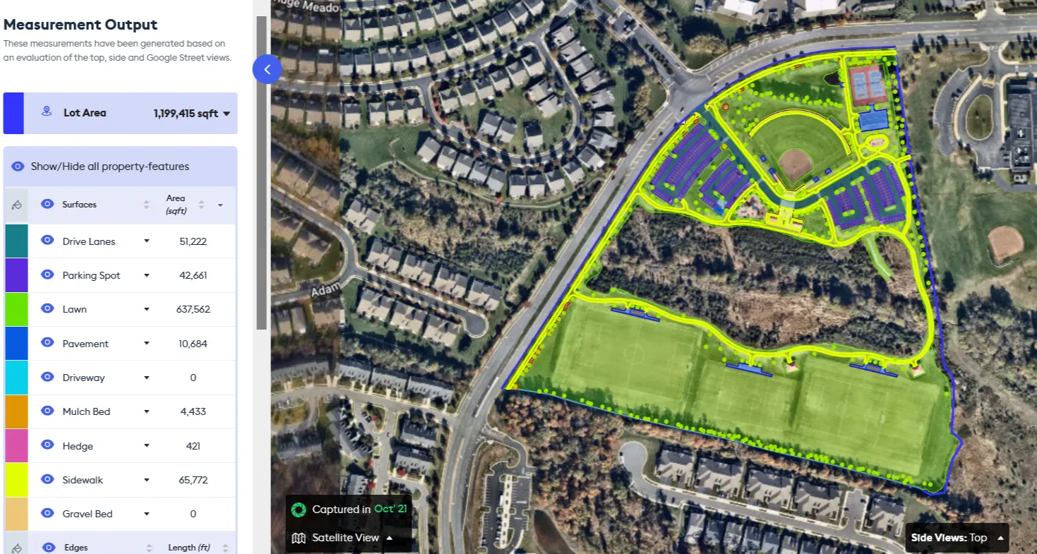 AI Driven Landscape Measurement Software with lawn, mulch bed, gravel bed, hedge, soft and hard edges, and more property features