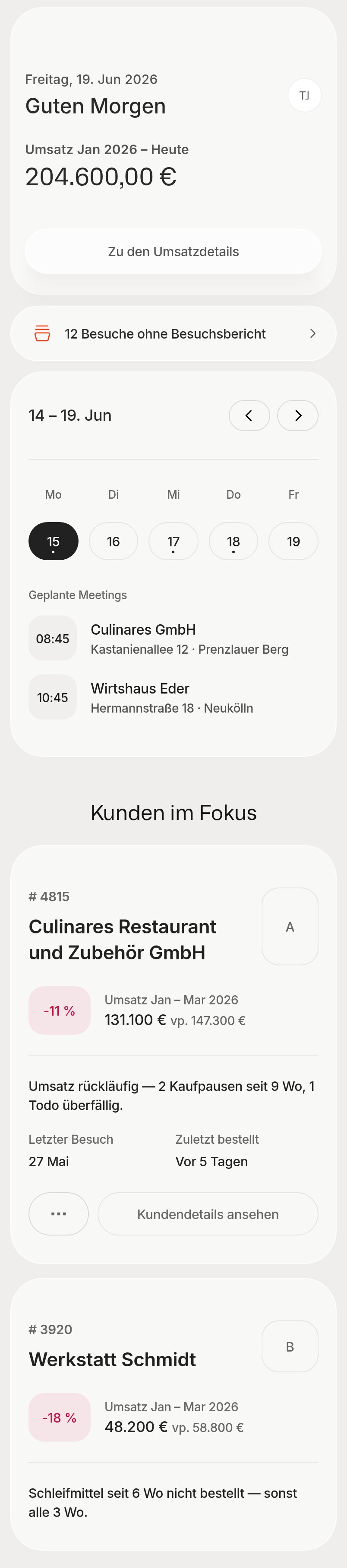 Acto-App: Startseite mit Umsatz, Kalender und Kunden im Fokus
