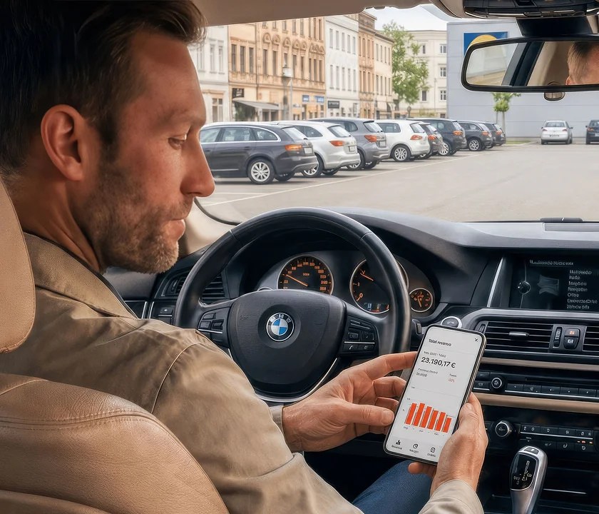 Außendienstler im geparkten Auto schaut vor dem Termin in die Acto-App