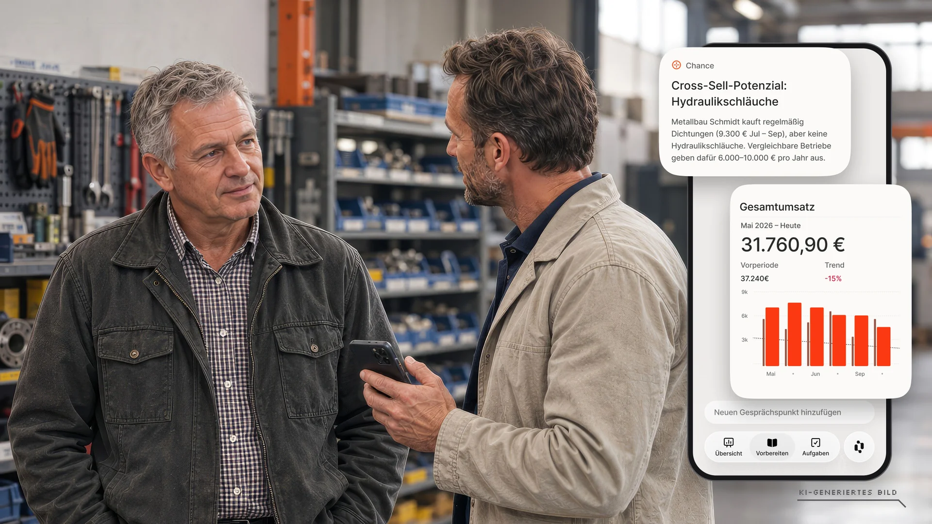 Außendienstmitarbeiter im Gespräch mit einem Kunden im technischen Handel, daneben die Acto-App mit Cross-Sell-Potenzial und Umsatzentwicklung