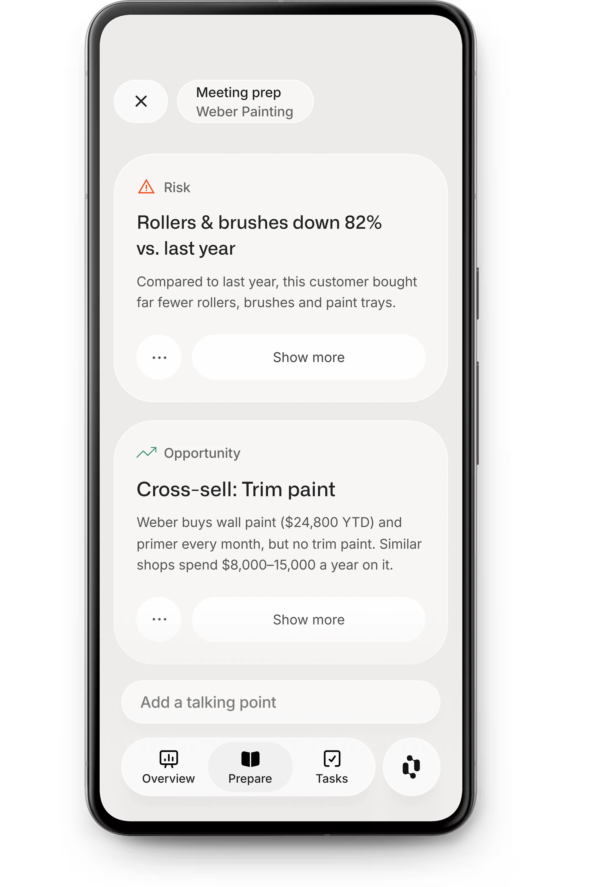 Acto app on a smartphone: meeting prep for Weber Painting with one risk and one opportunity