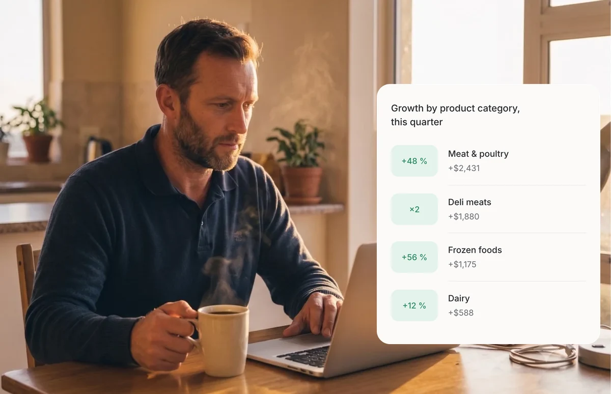Field rep at the kitchen table with a laptop, next to a chart of growth by product category