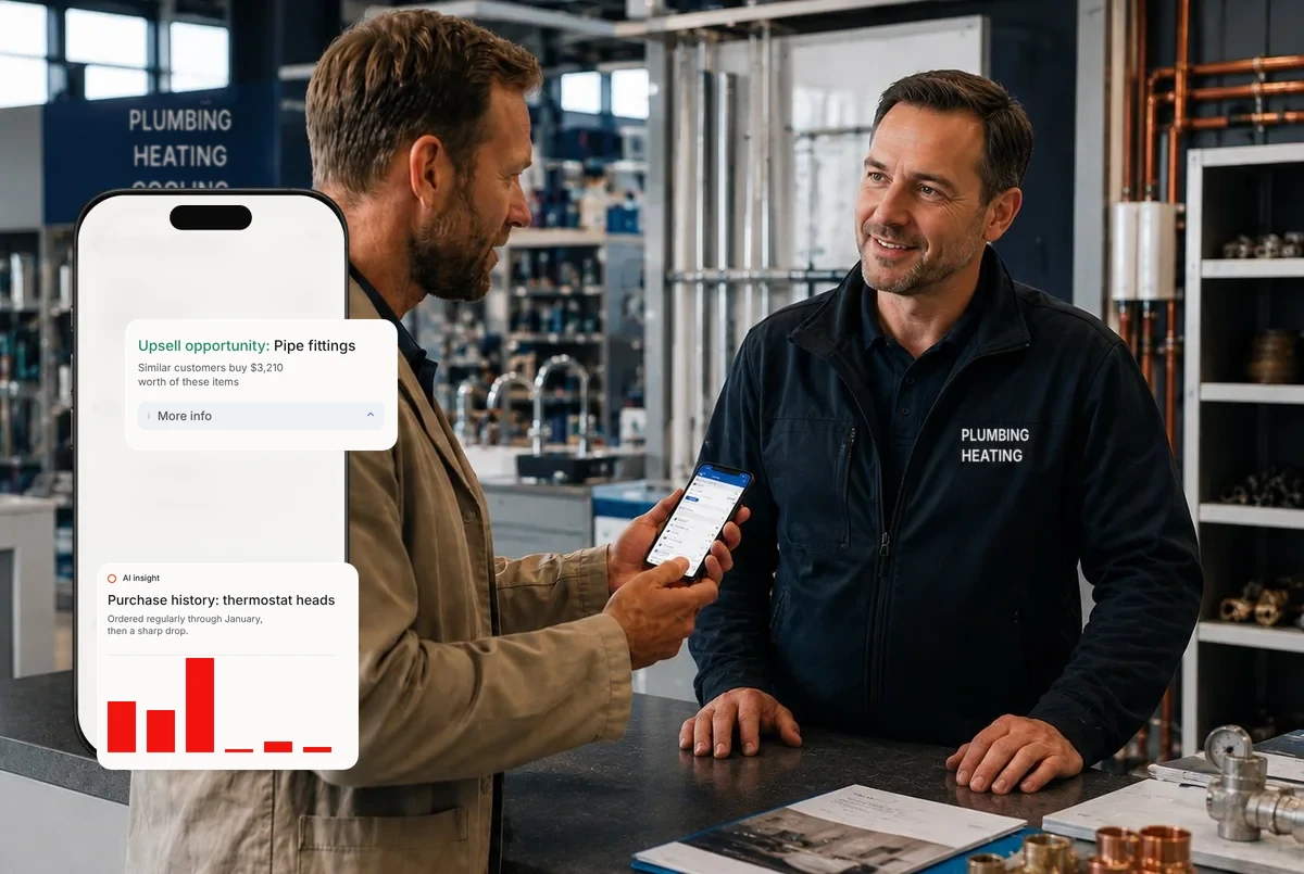 Field rep talking to a plumbing and heating customer, next to an upsell opportunity and purchase history in the app