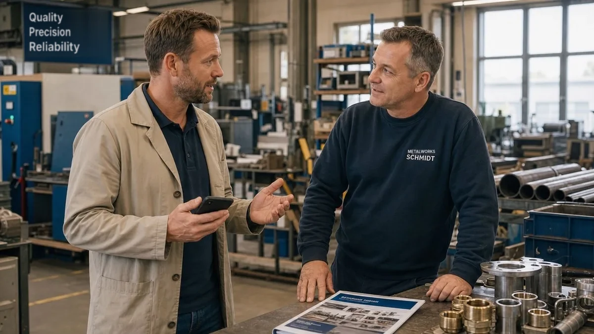 Field rep with a smartphone talking to a customer in a metal fabrication shop