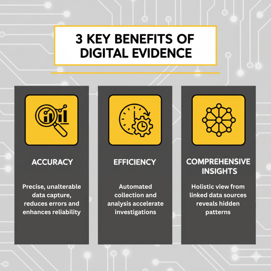 Banner showing the 3 benefits of Digital Evidence with icons for accuracy, efficiency and comprehensive insights.