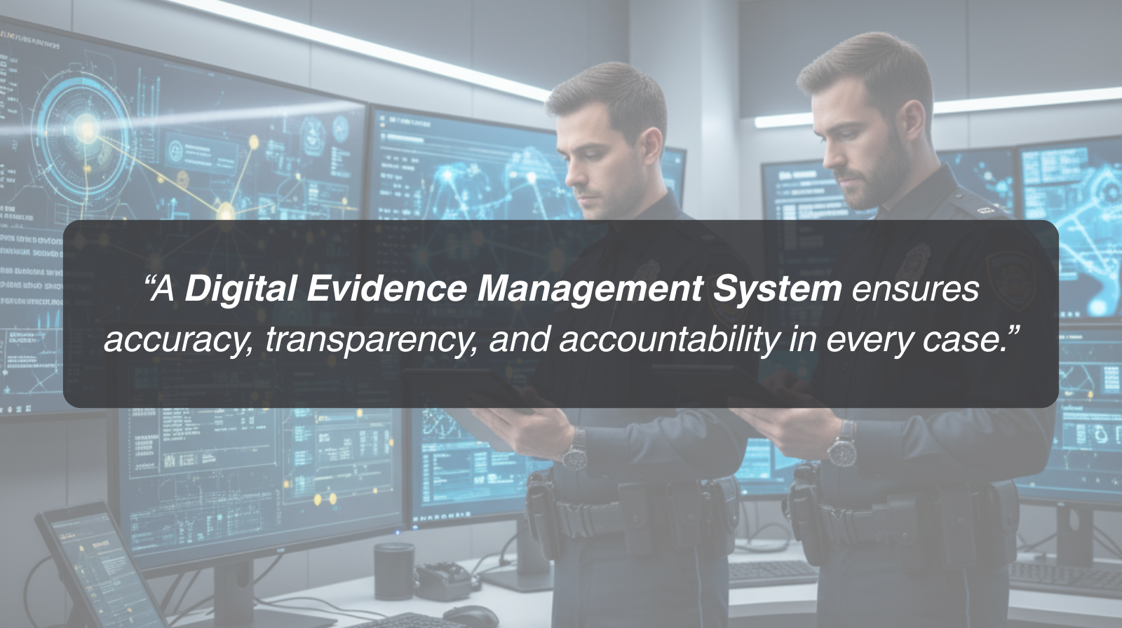 Banner of two policeman looking at a screen tablet with computers on the back and the quote for Digital Evidence Management System ensuring accuracy, transparency and accountability