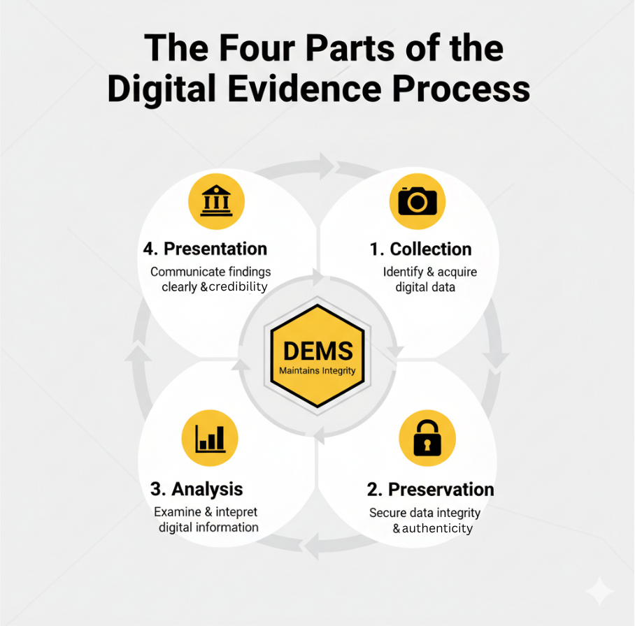 Banner showing the 4 parts of Digital Evidence Management connected to the DEMS and maintaining integrity