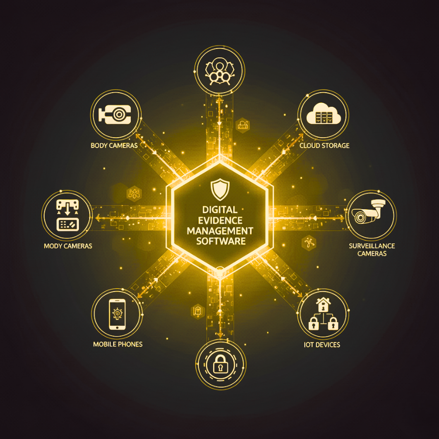 Diagram showing  Digital Evidence Management Software can come in different devices and forms, computers, cellphones, cameras and cloud storage, with collections and a bright hexagon on the center connecting 